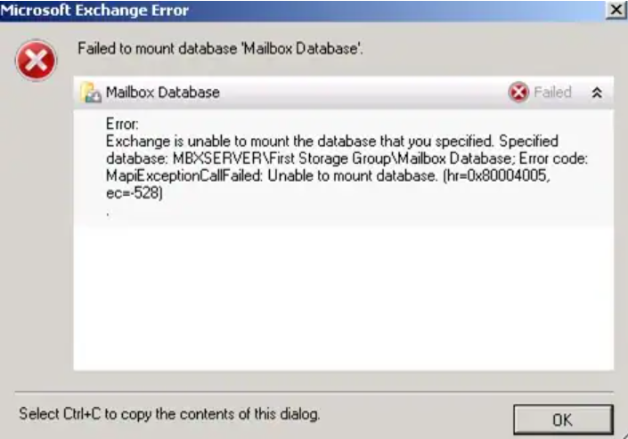 Exchnage Database Mount Error