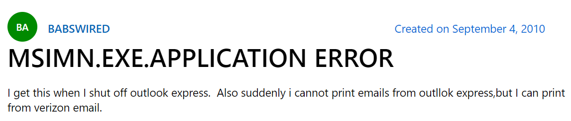 user query related to Msimn.Exe Error in Outlook Express 