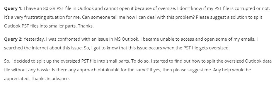 User Query related to split pst file into smaller parts 