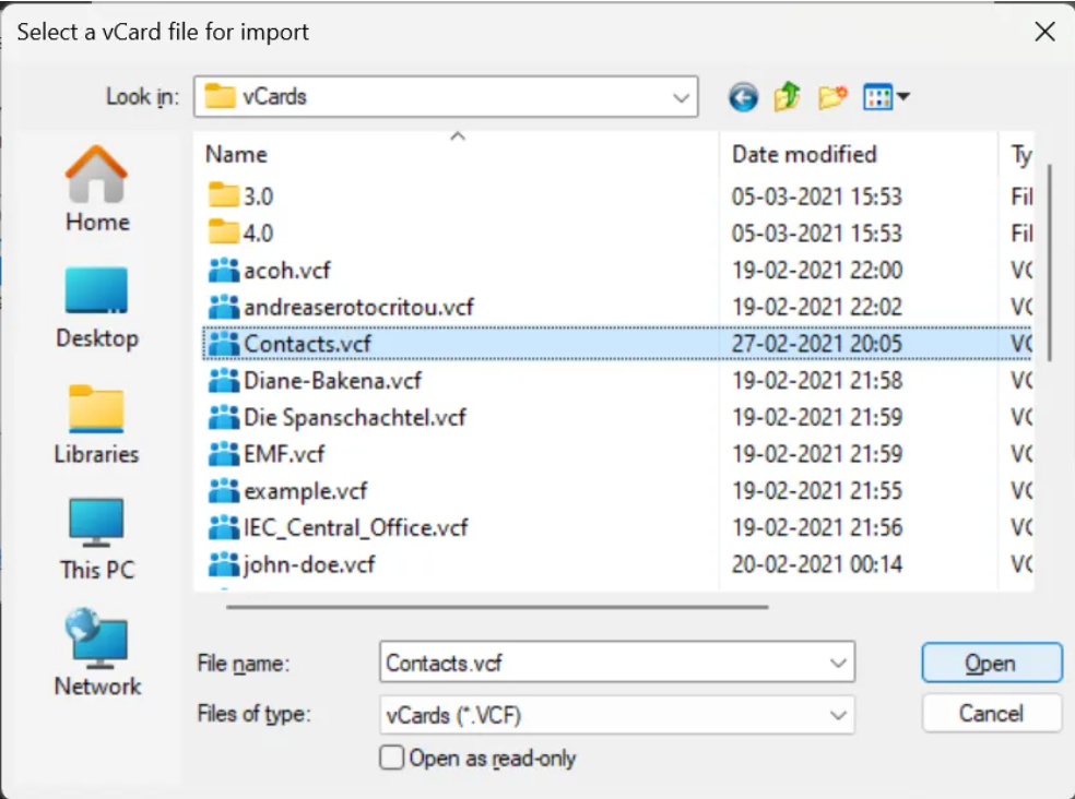 select the VCF contacts files