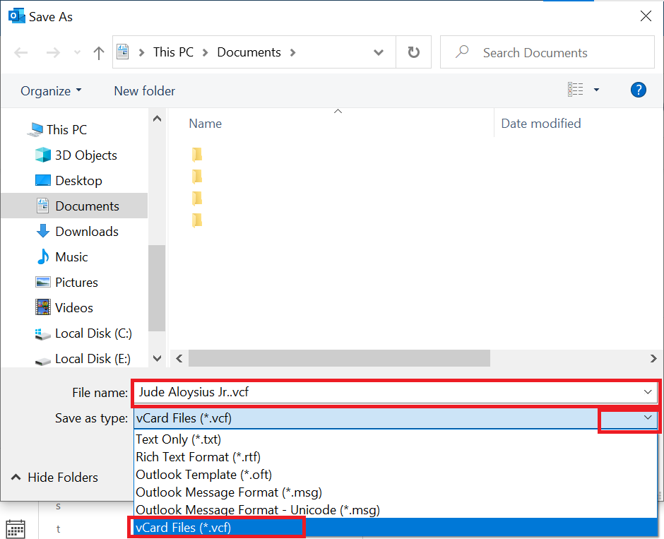 Save Outlook Contacts as vCard