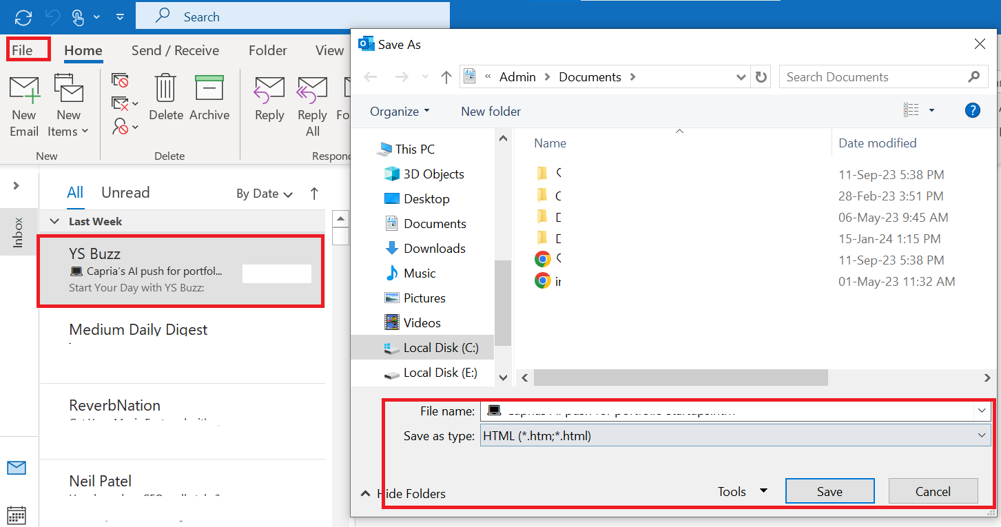 save an Outlook email as html 