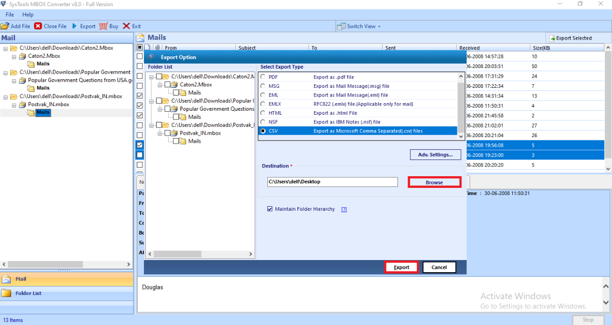 Click Export to start conversion