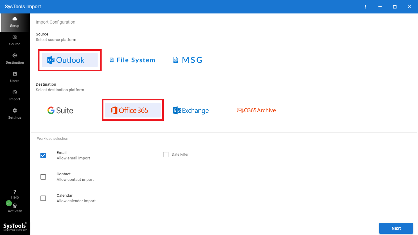 select source and destination